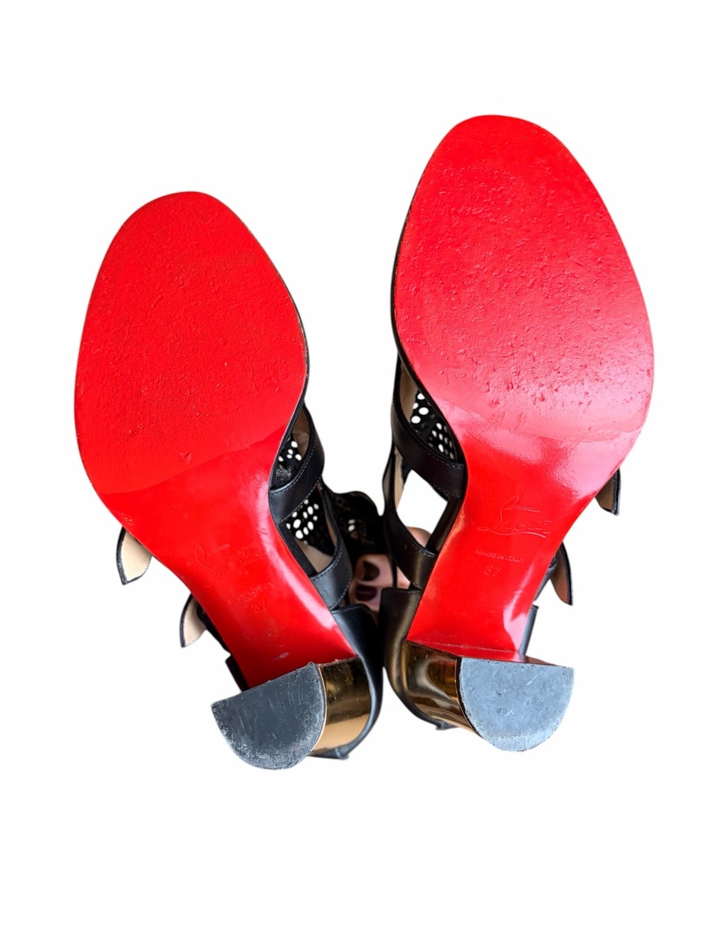 Christian Louboutin Fencing Black & Gold Perforated Leather High Heel Sandals - Picture 7 of 8